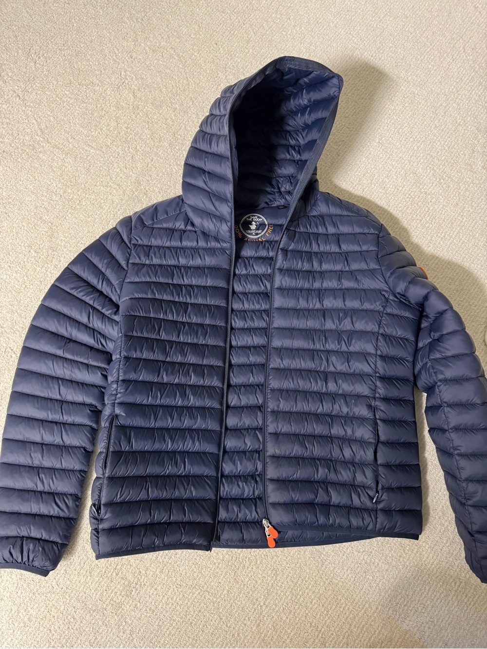 Men’s Save the Duck XL Navy Puffer Jacket with zipper hood new without tags